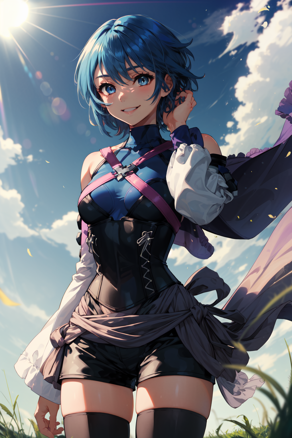 00298-2079925220-masterpiece,best quality,1girl,aaaqua,short hair,blue hair,blue eyes,medium breasts,turtleneck,harness,blue shirt,detached sleev.png